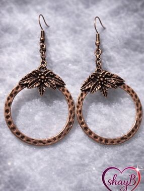 Copper Floral Hoop Dangle Earrings - Brown Copper Tone